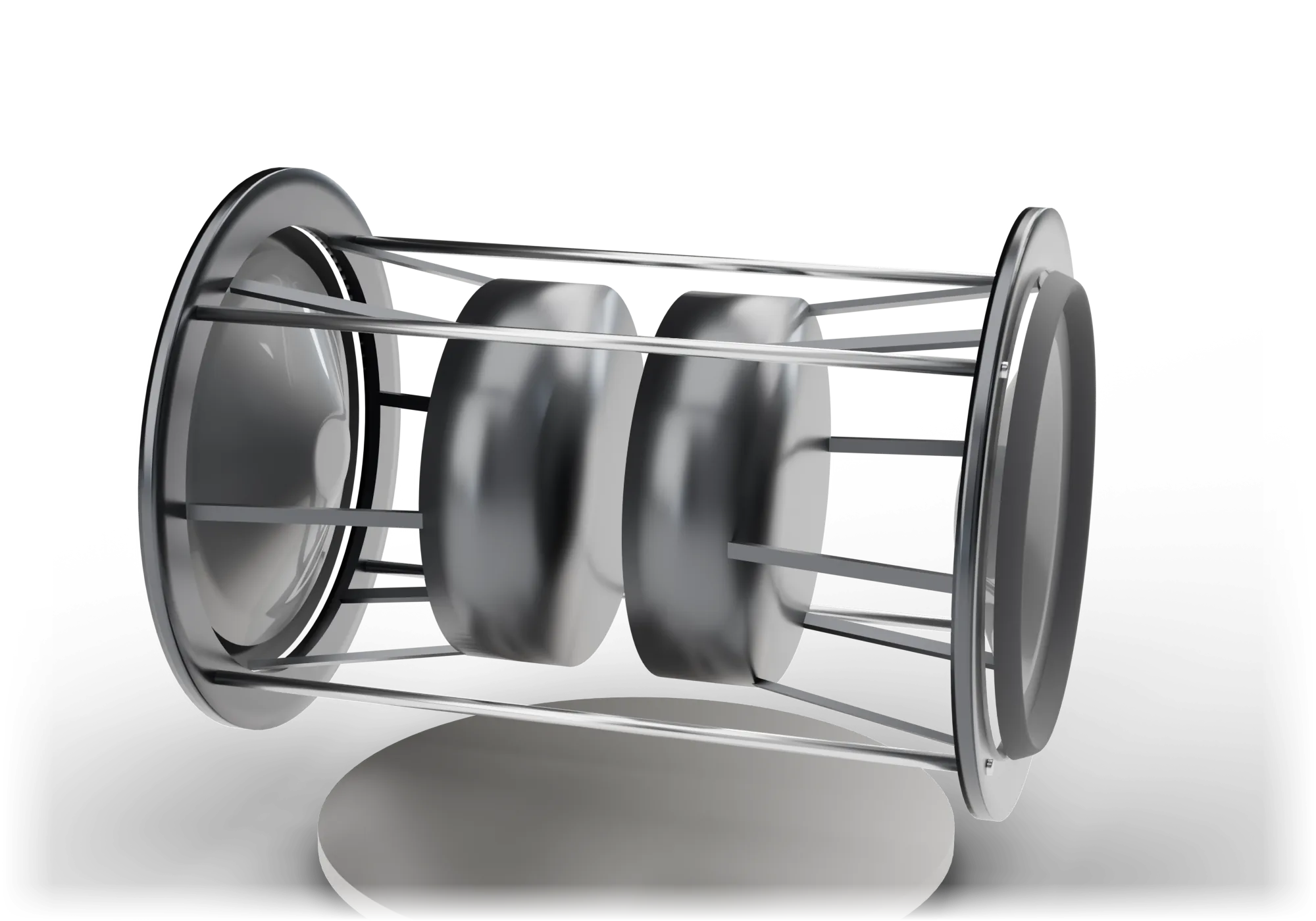 The two opposed woofers on their steel tie rods above the base