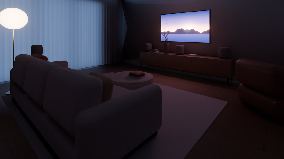 The same living room at blue hour: sheer curtains glowing blue, a lamp on, a film on the screen and aaro one speakers on the sideboard and beside the sofa
