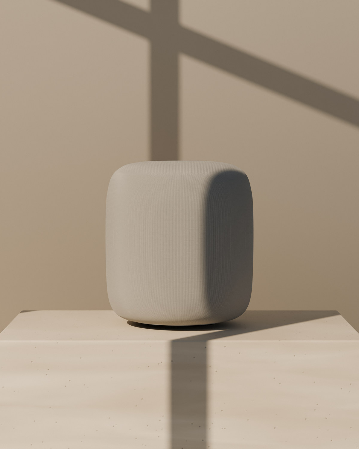 aaro one in Pearl on a travertine block, window light falling across it and the wall behind